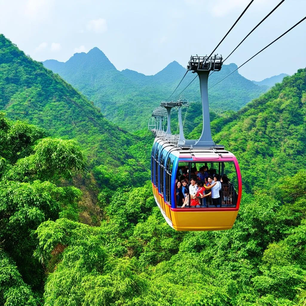 Tourists riding a cable car in Thoai Son