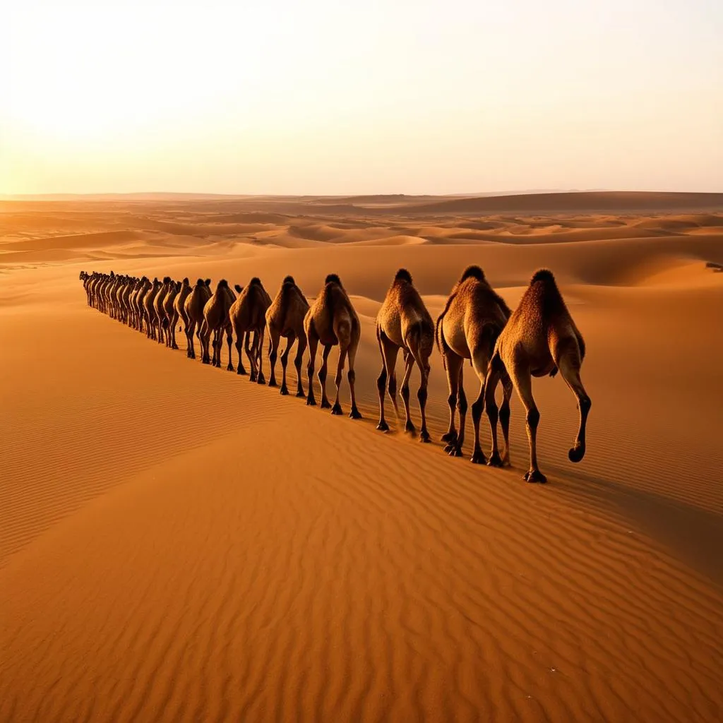 Camels Walking in Single File