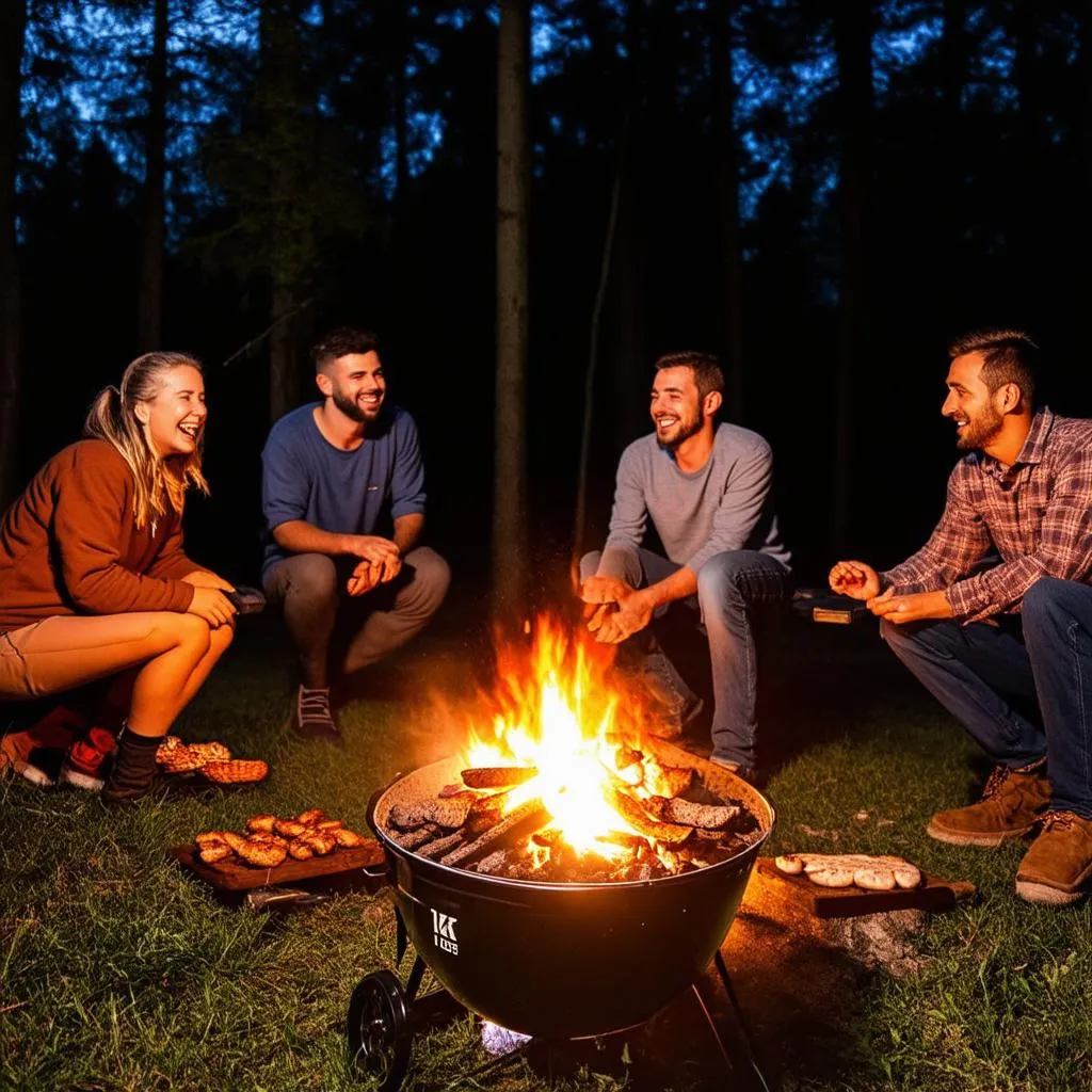 Camping With Portable Charcoal Grill Around Campfire