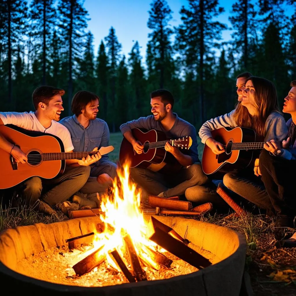 Singing around a campfire