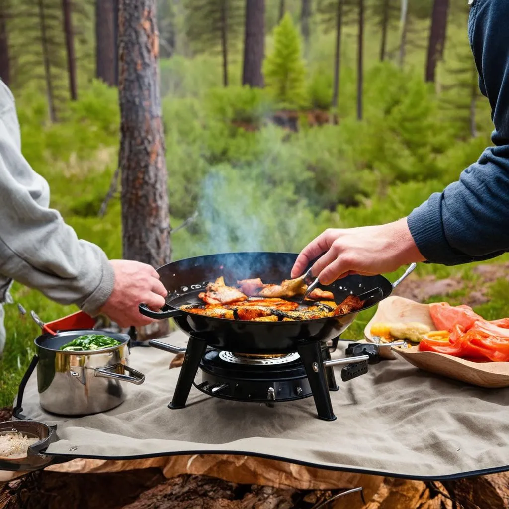 Preparing a meal on a camping stove