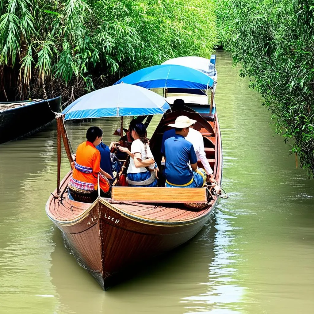 Tourists enjoy a peaceful boat trip along a serene canal in Can Tho