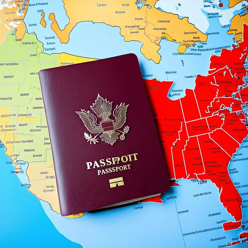 Canadian passport on a US map