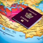 Canadian passport on a map