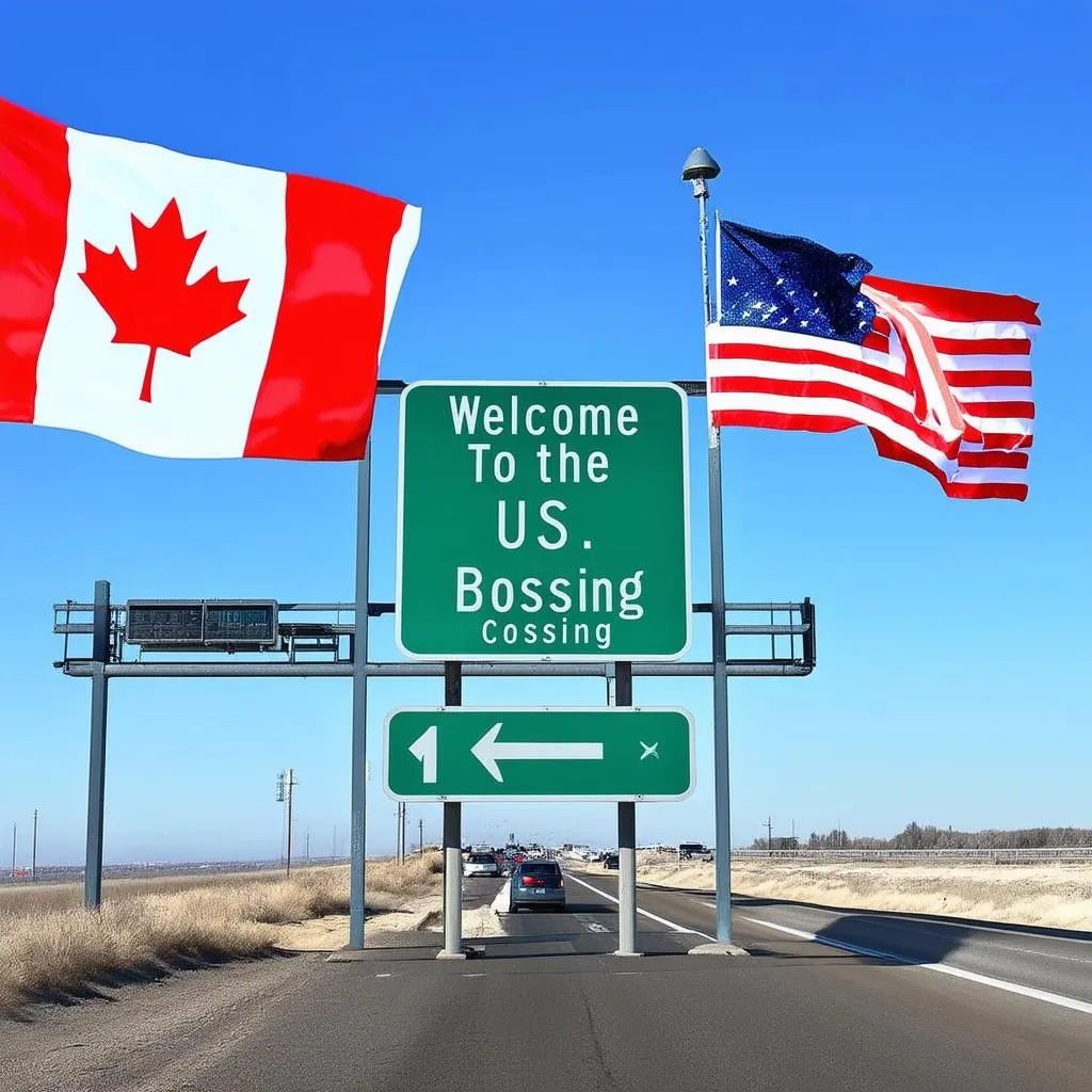 Canadian and US flags at border crossing