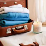 Suitcase with clothes and a candle