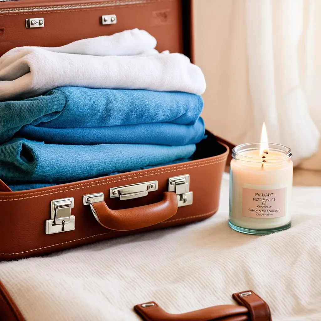 Suitcase with clothes and a candle