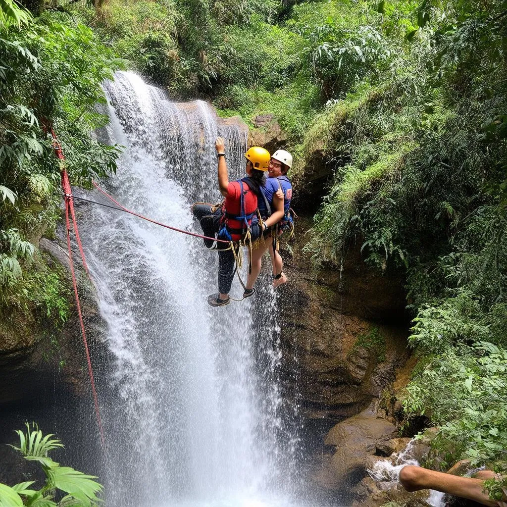 Adventure seekers rappelling down Datanla Waterfall