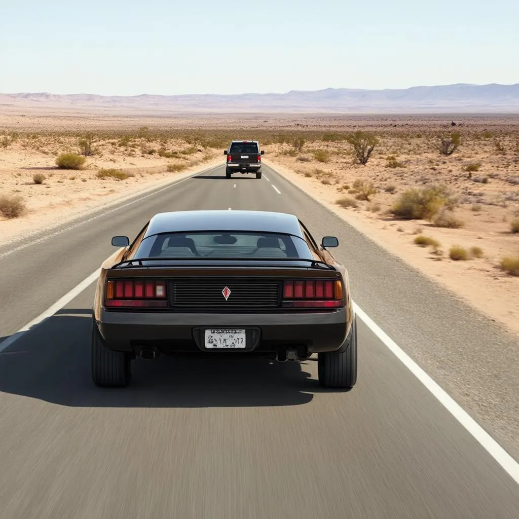 Two vehicles, a sleek car and a rugged truck, are traveling on a seemingly endless open road under a vast, expansive sky.