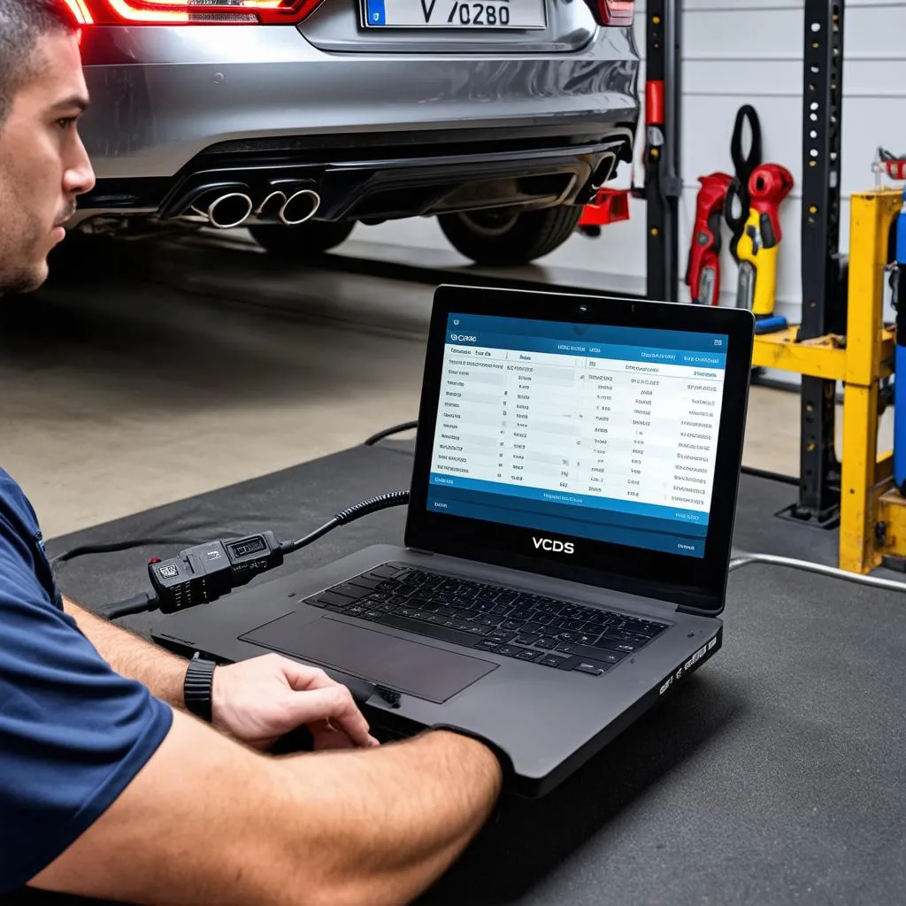 Mechanic using a laptop and a VCDS cable to diagnose a car problem