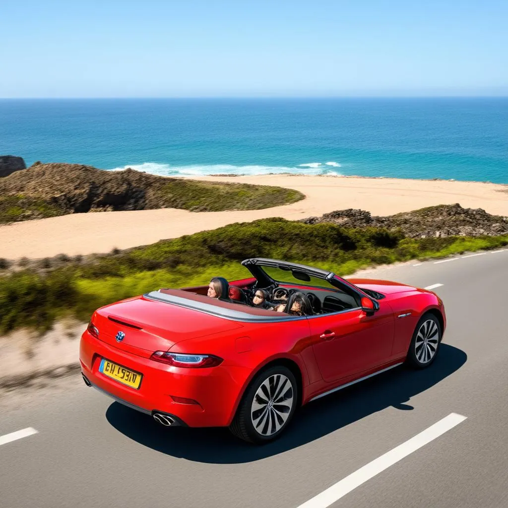 A car driving on a scenic coastal road