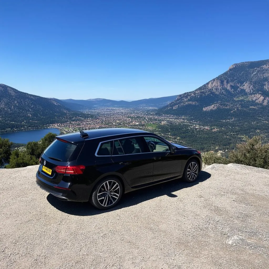 A car parked on a mountain overlooking a breathtaking view.