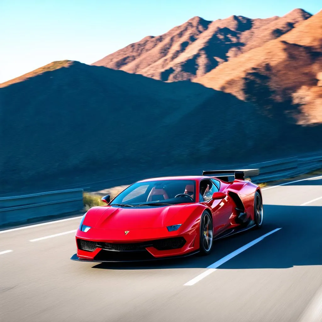 A car speeding down a highway with mountains in the background