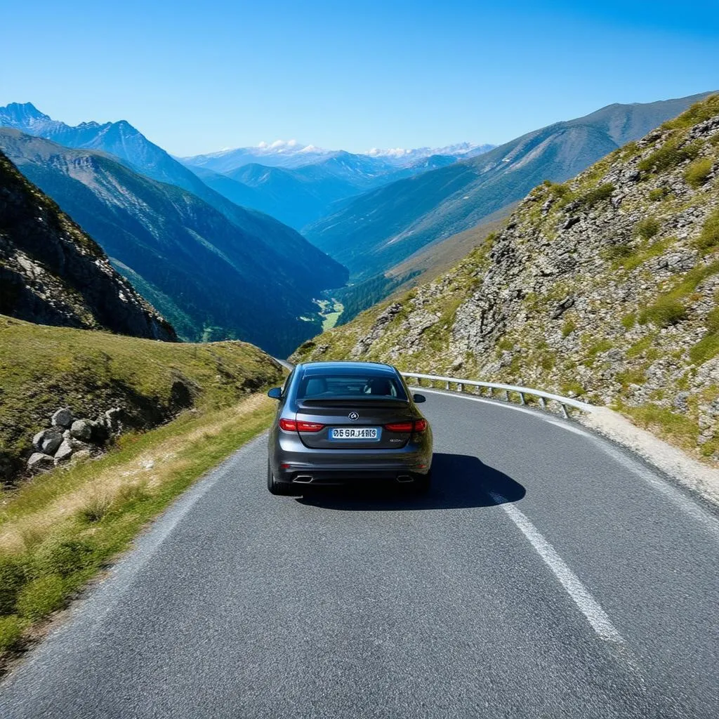 A car driving on a scenic mountain road