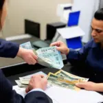 Bank teller helping a customer cash traveler's cheques