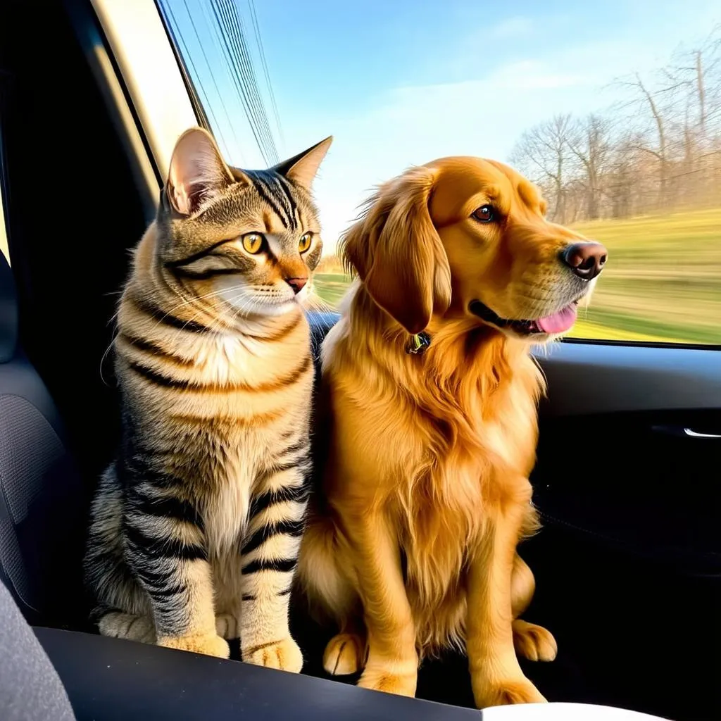 Cat and Dog Looking Out Car Window