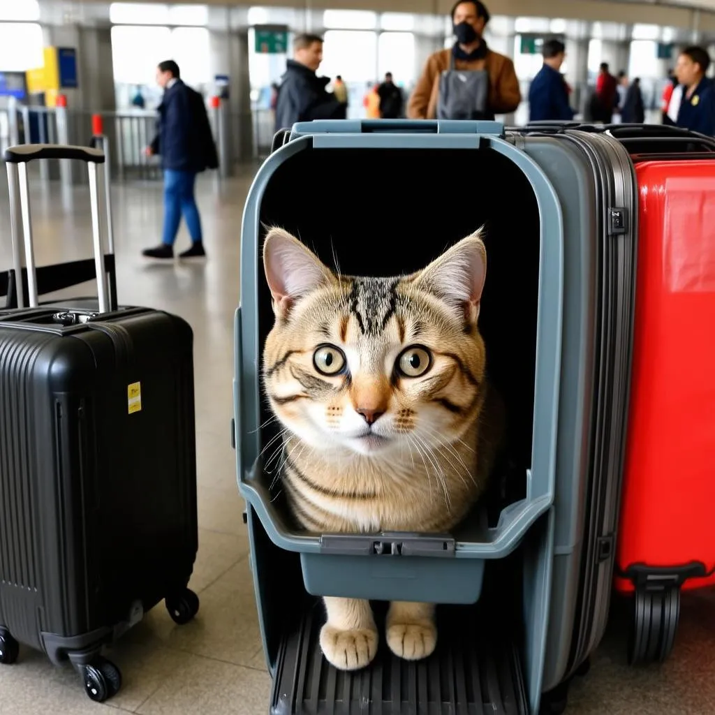 Cat looking out of carrier at airport.