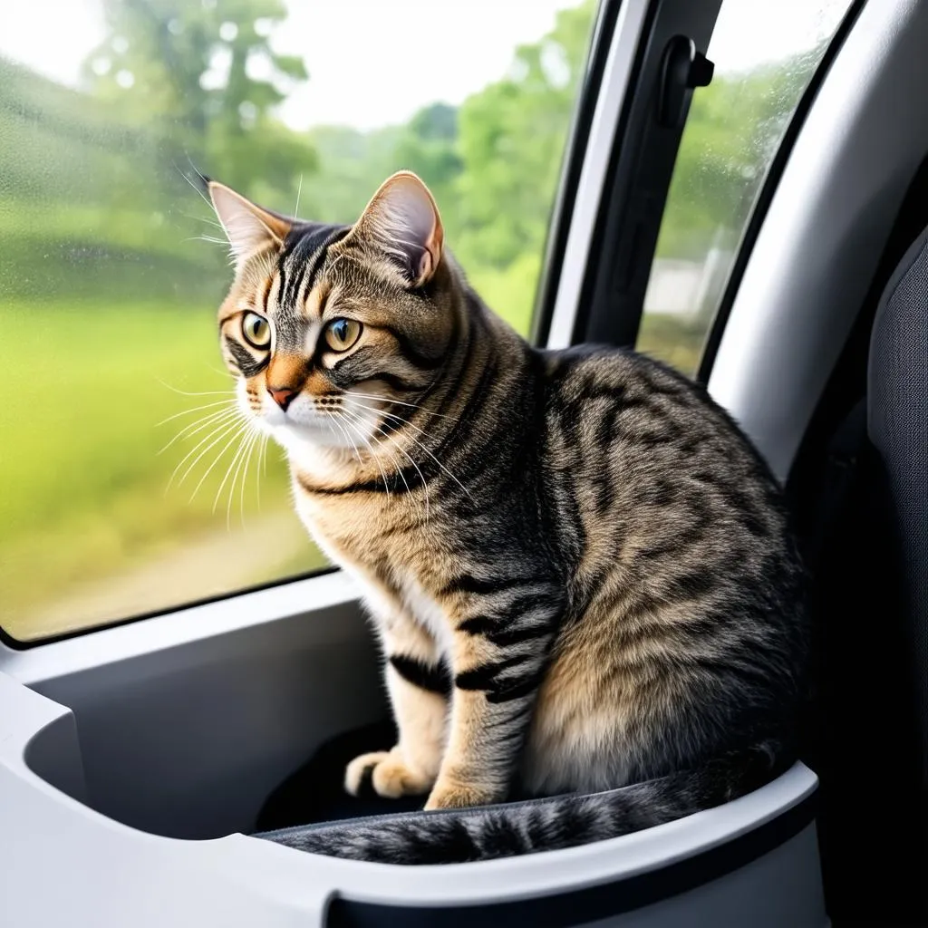 Cat in Carrier Looking Out Window