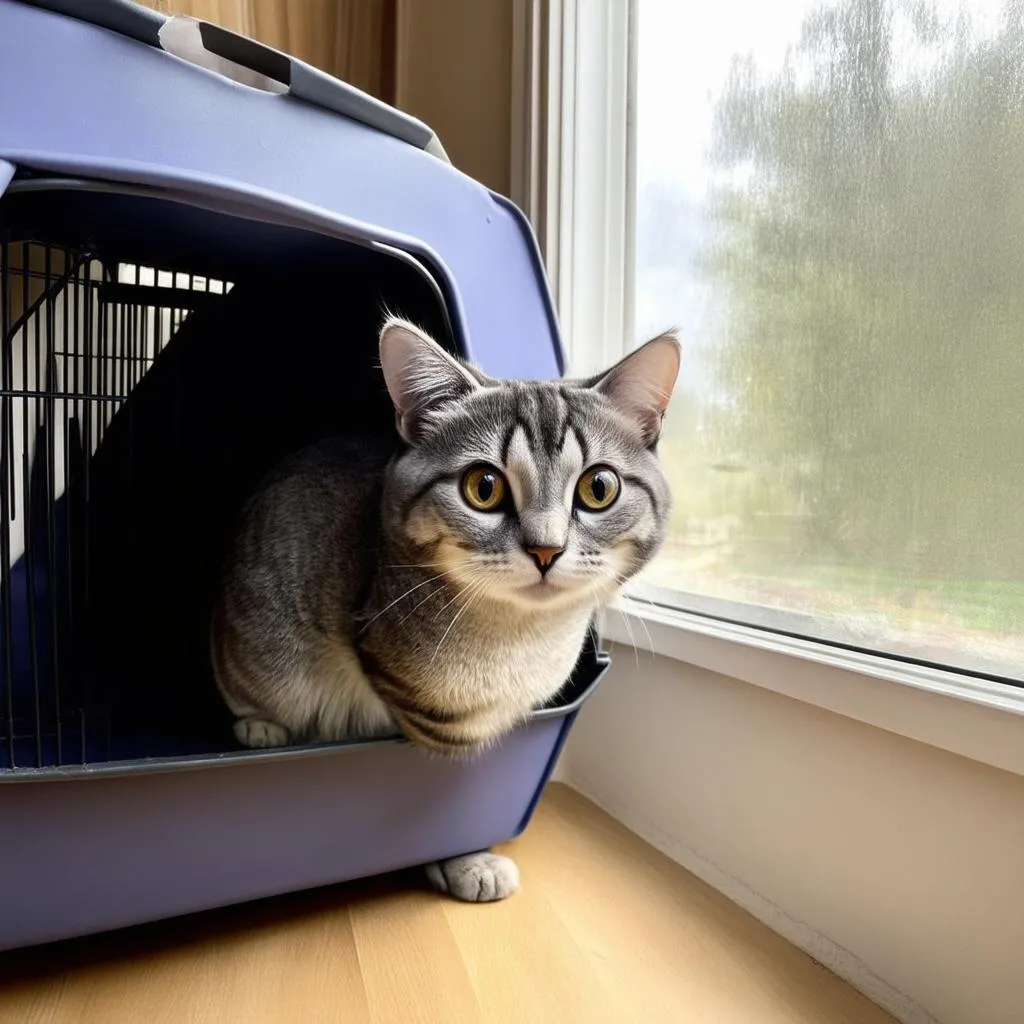 cat in carrier looking out window