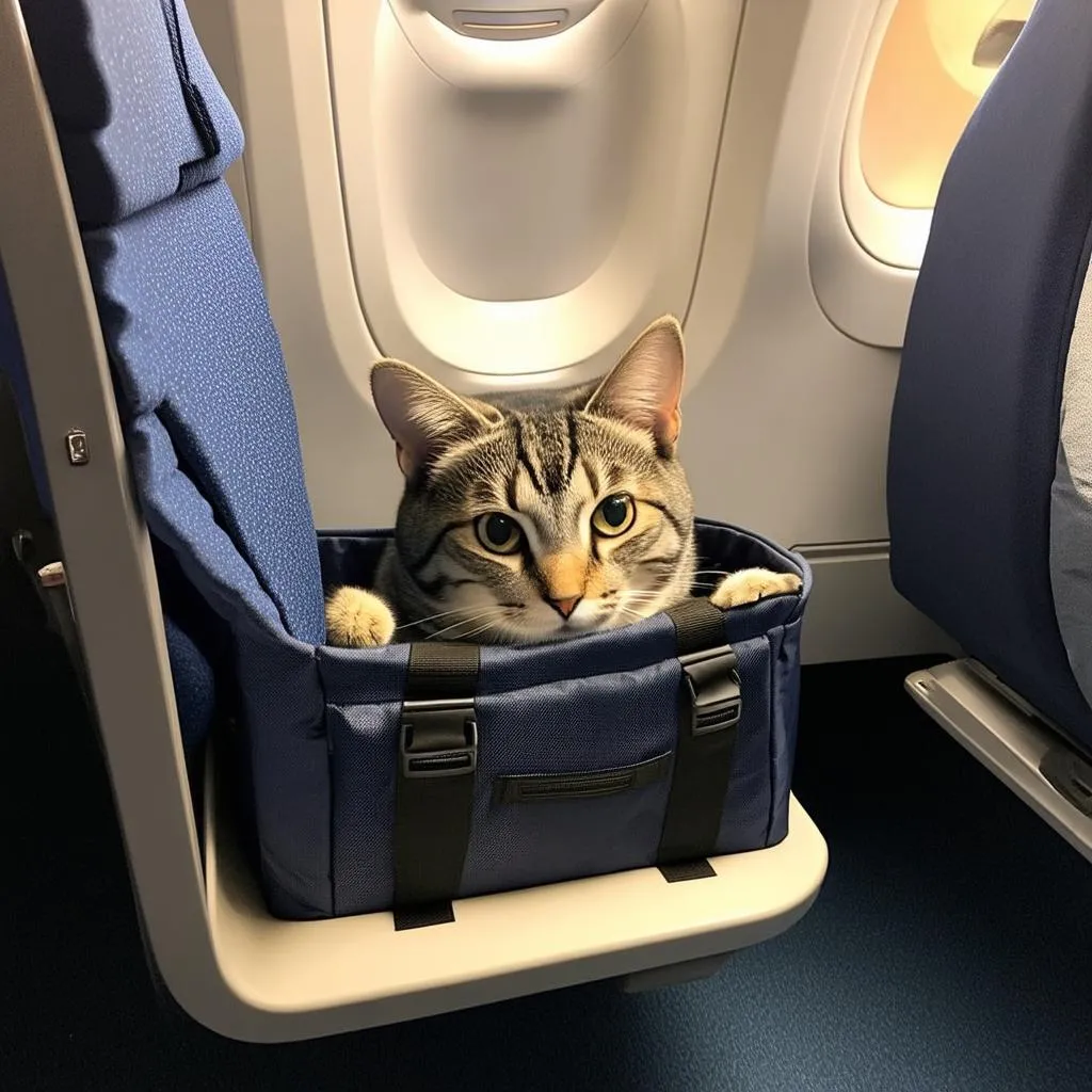 Cat in a carrier under the seat on an airplane.