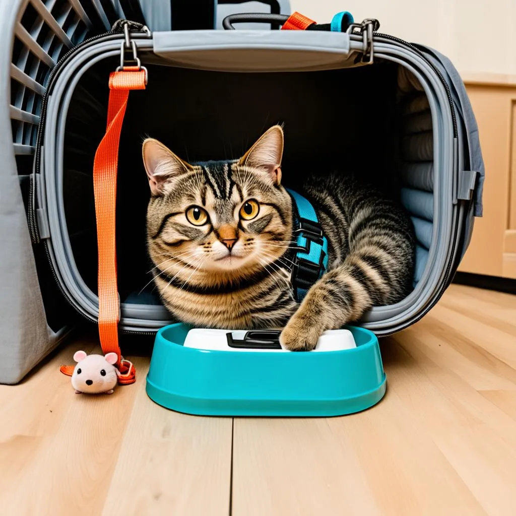 Cat in carrier with travel accessories