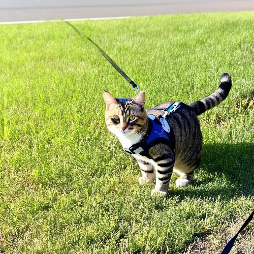 Cat Exploring Safely During a Rest Stop