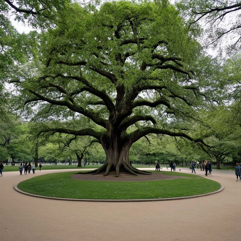 Central Park oak tree with a circular path around it