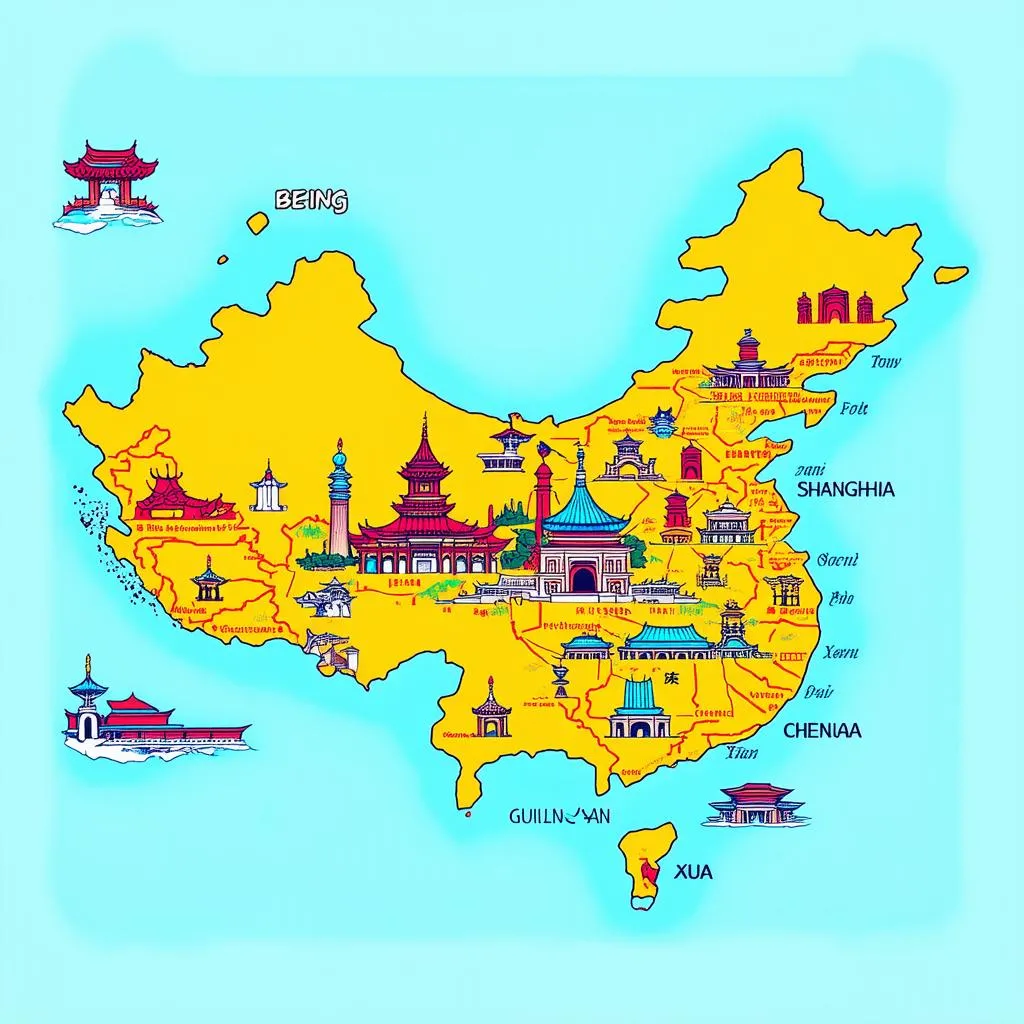 Map of China highlighting popular tourist destinations