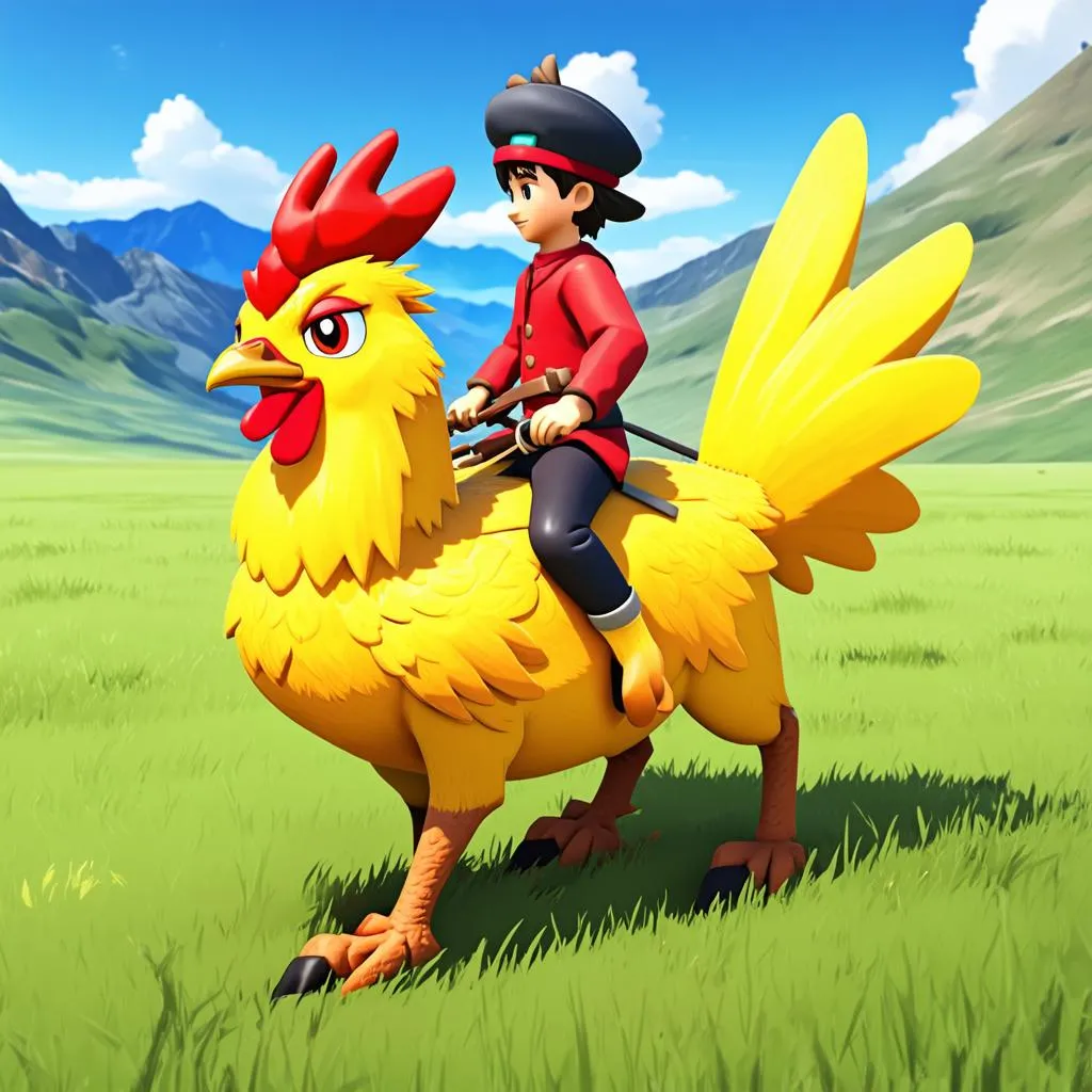 Riding a yellow Chocobo across a grassy plain