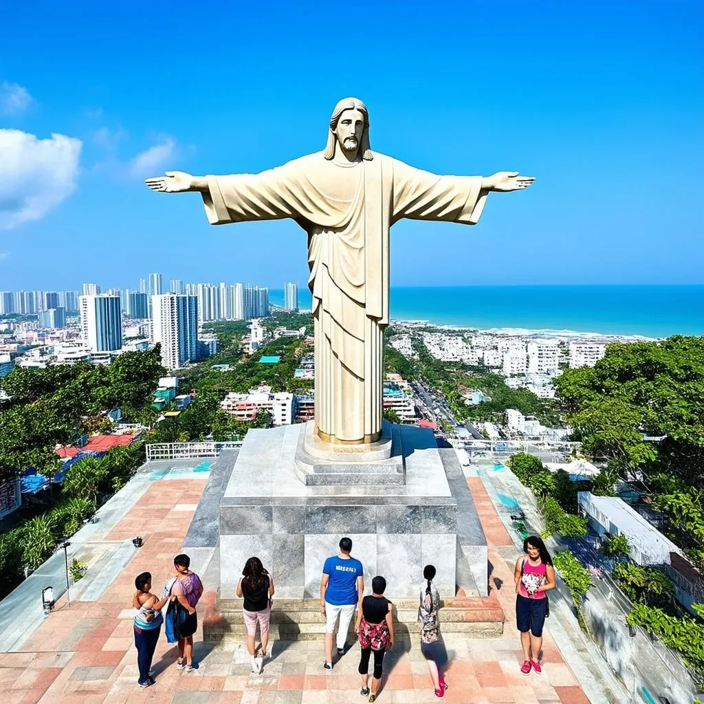 Tourists admiring the panoramic view from the Christ of Vung Tau statue