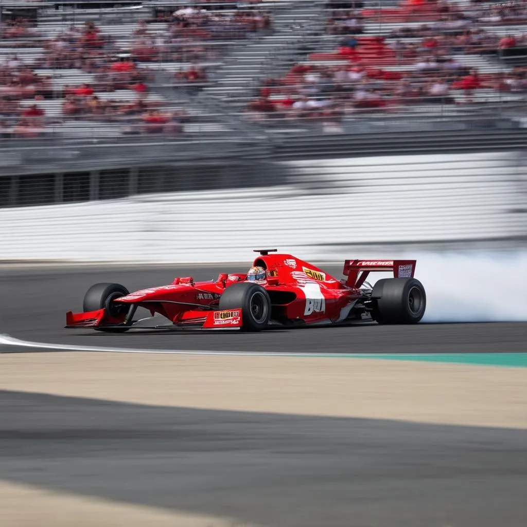 Race car speeding around a circular track