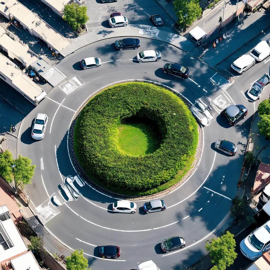 Busy City Roundabout with Flowing Traffic