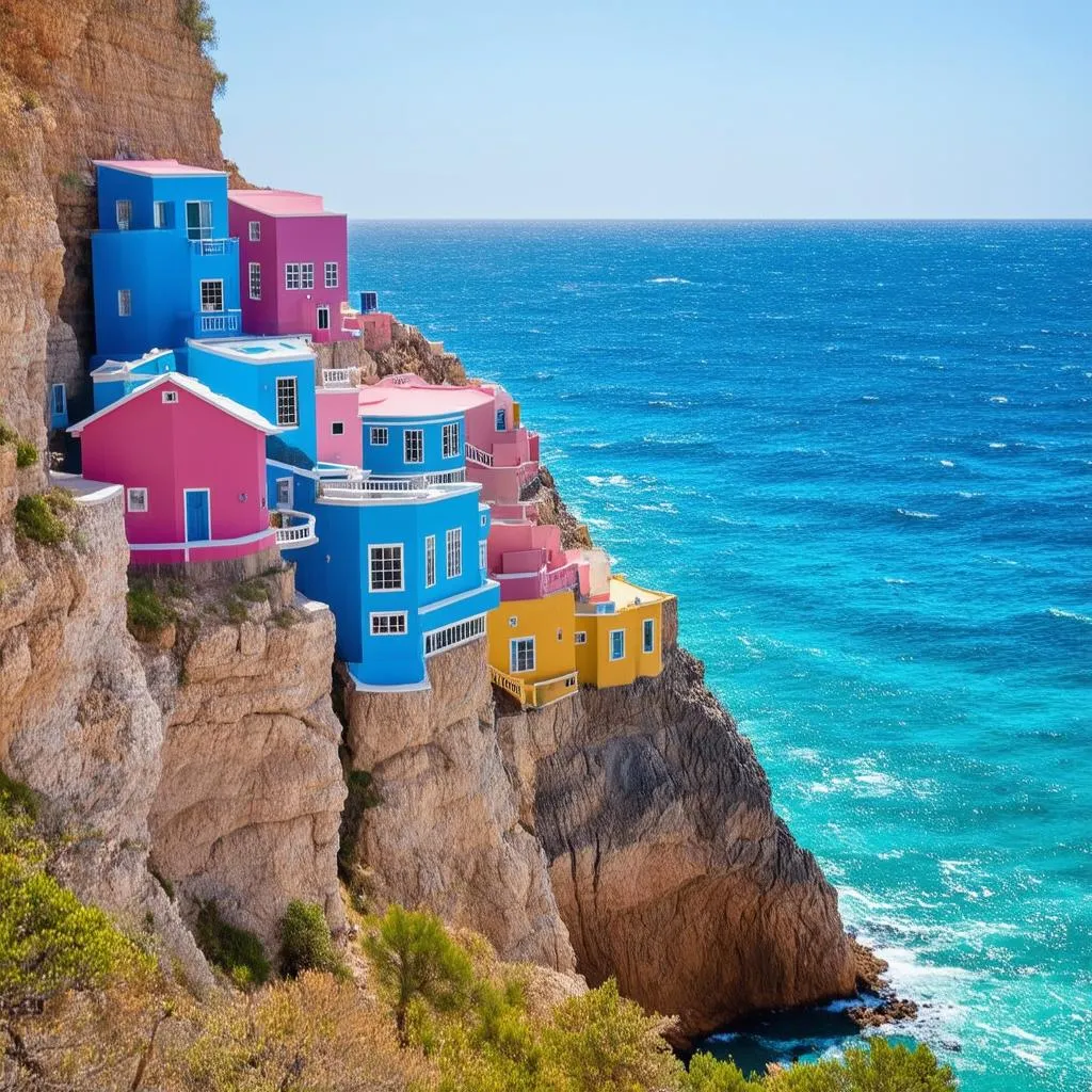 colorful houses cliff ocean