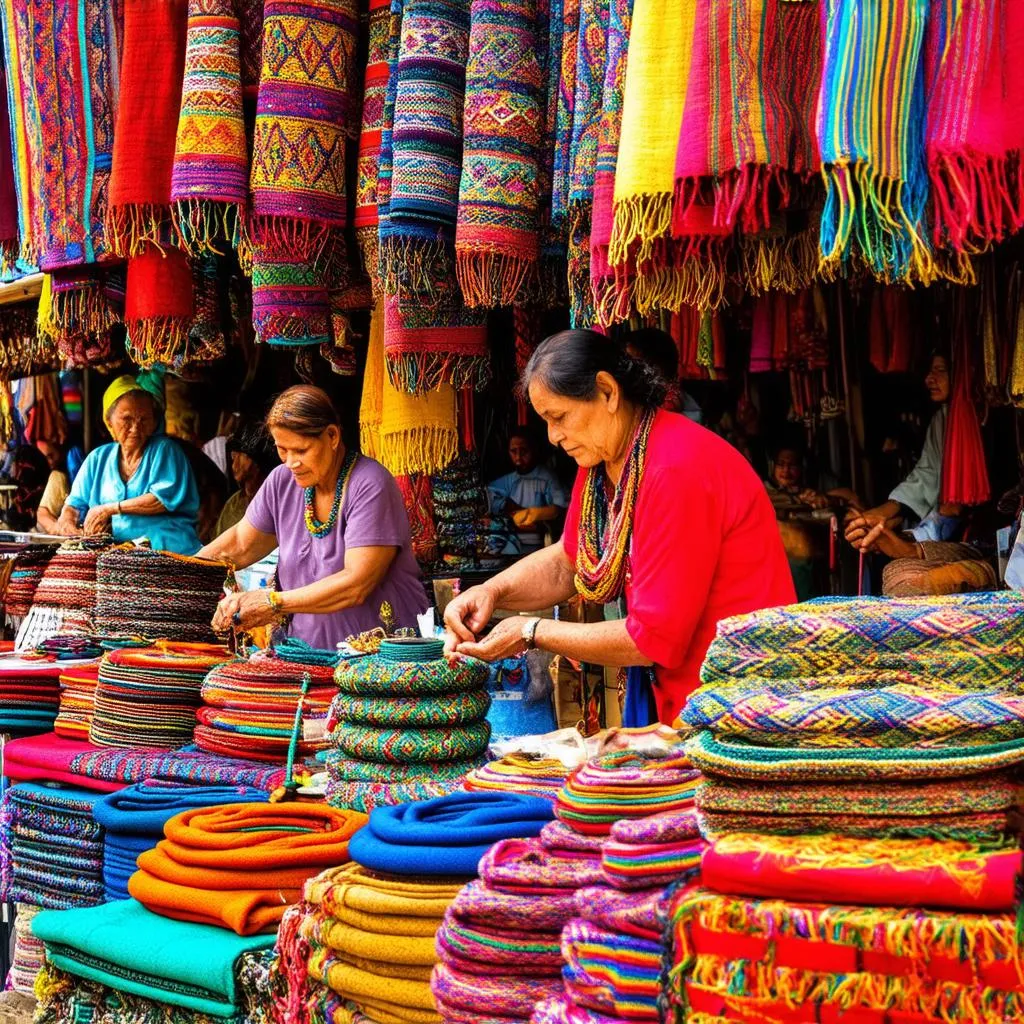 colorful textiles in a Peruvian market