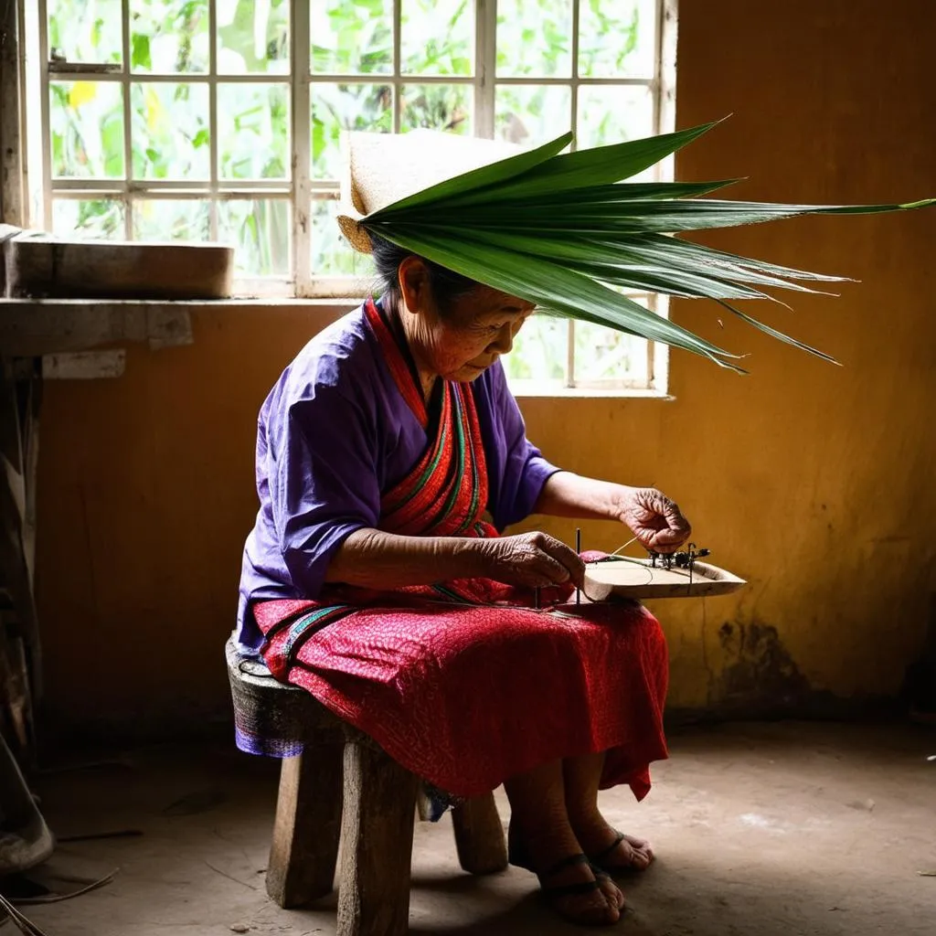 Vietnamese artisan making a conical hat