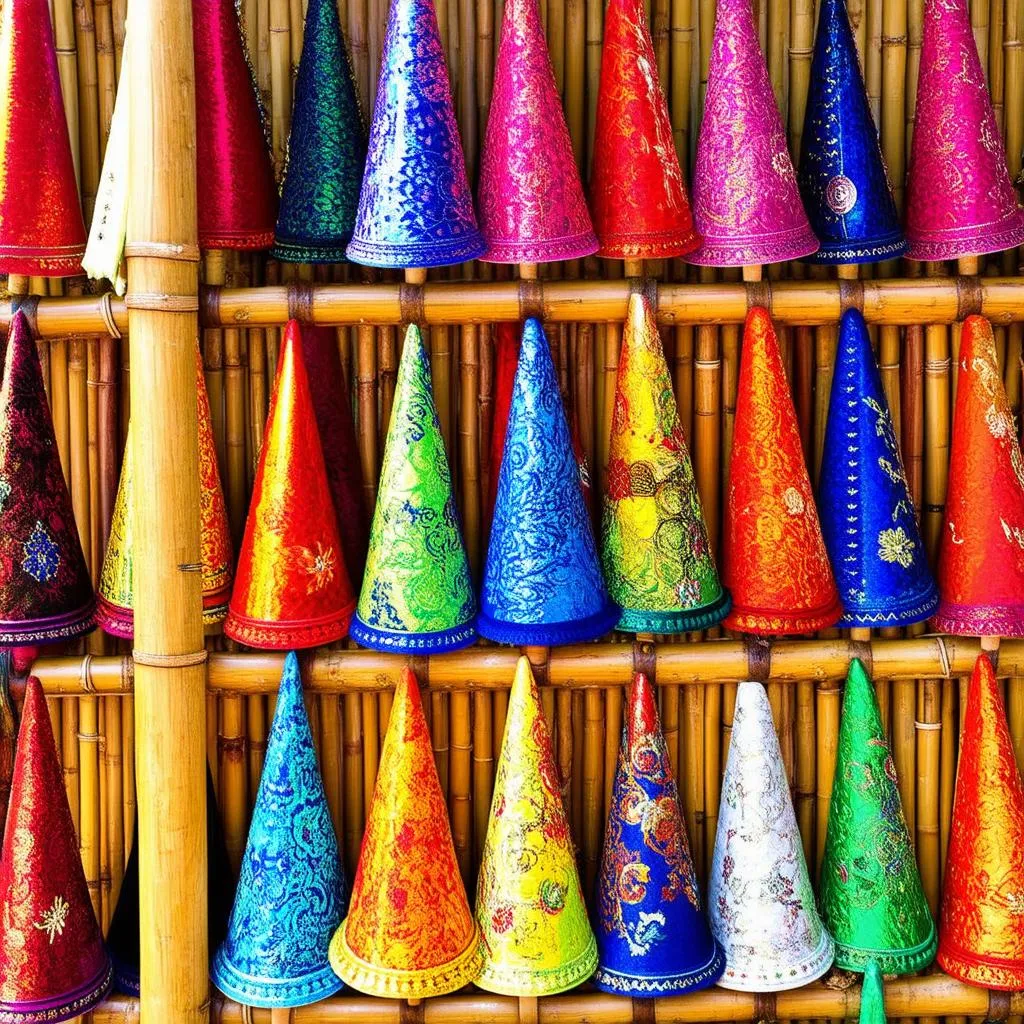 Display of colorful conical hats