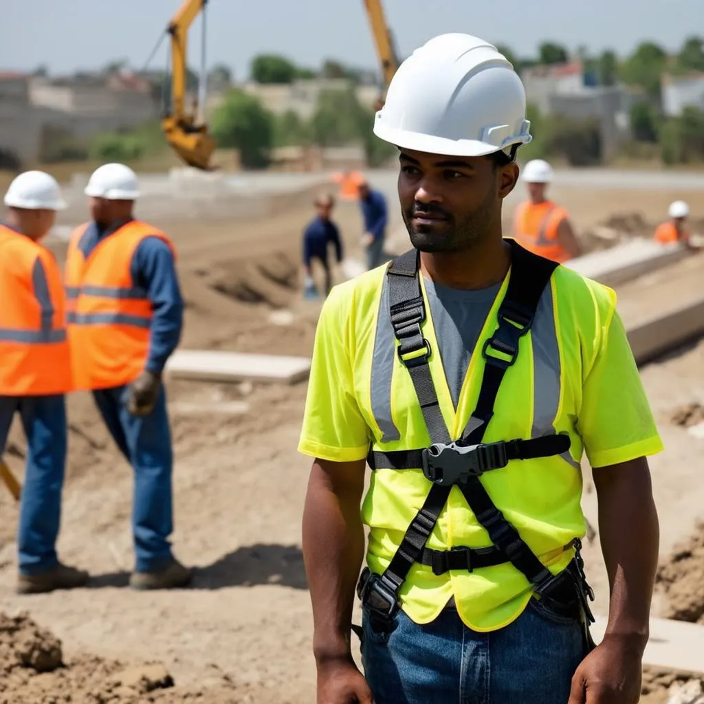 Construction worker wearing safety harness