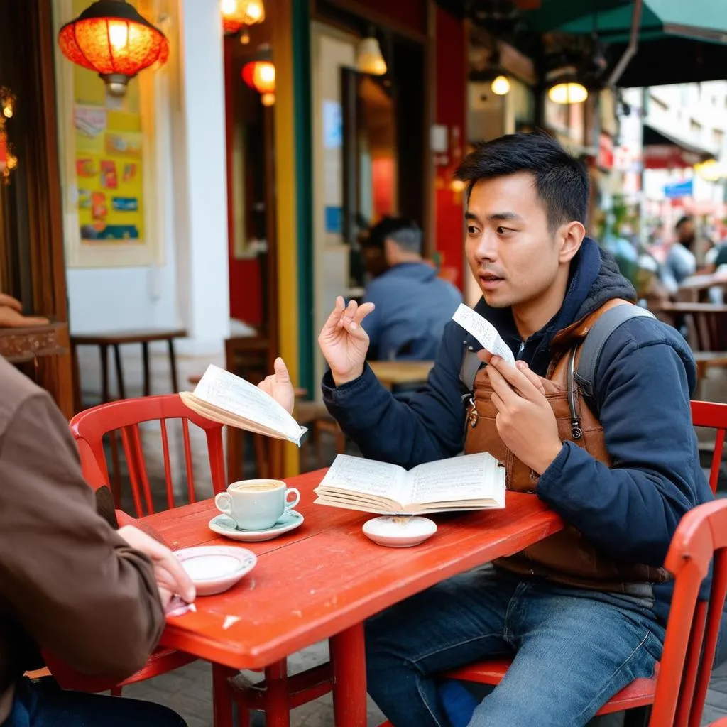 traveler talking to local in cafe