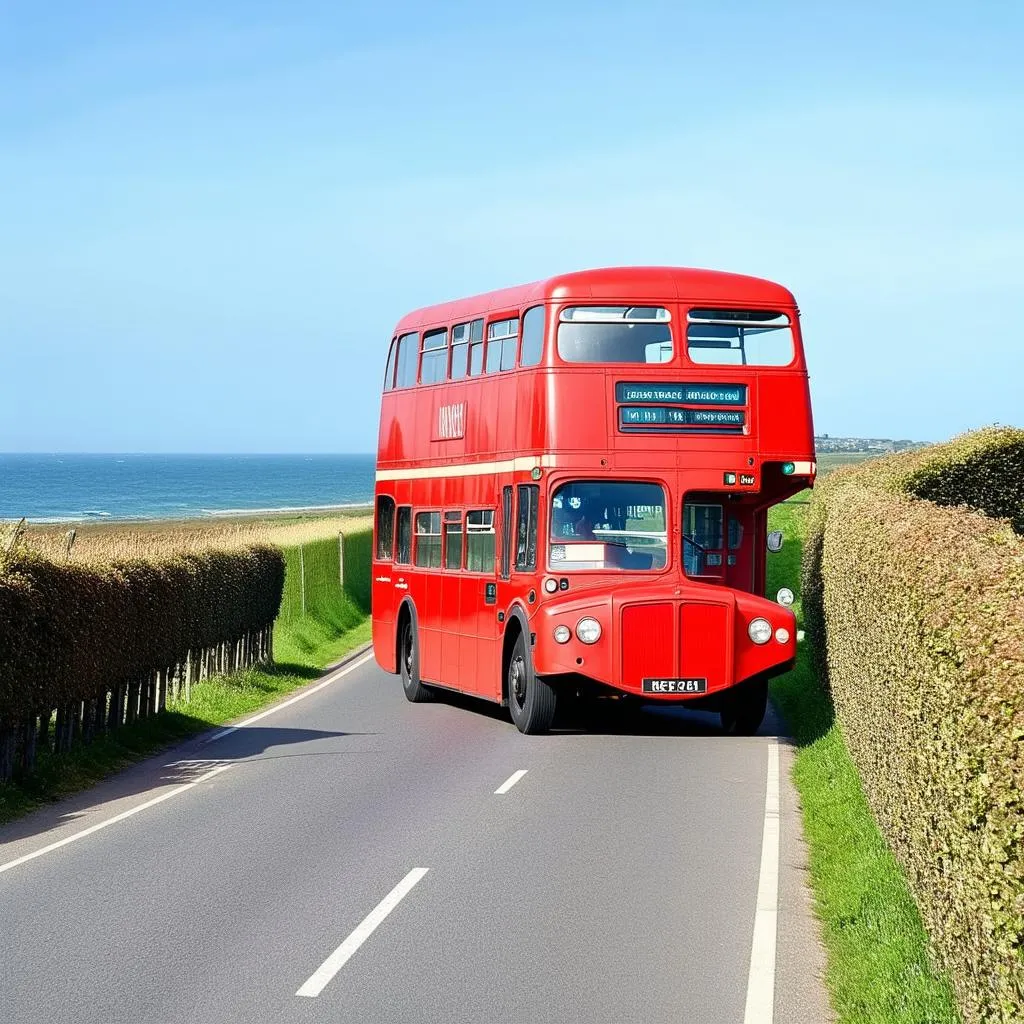 A bright red double-decker bus traversing a winding country road in Cornwall, surrounded by lush green fields and glimpses of the ocean in the distance