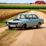 A vintage car broken down on a deserted country road.