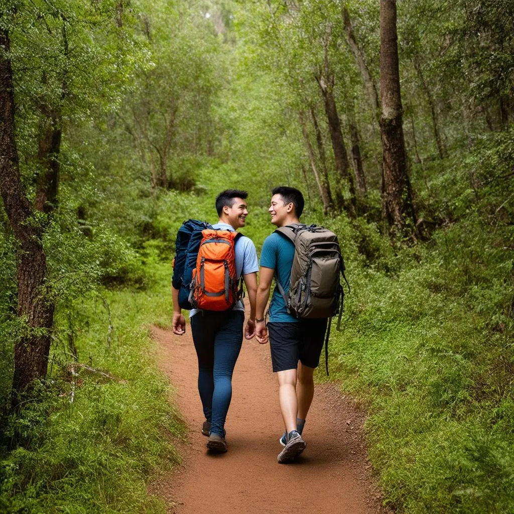 Couple Backpacking Through Forest