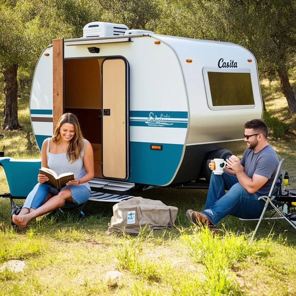 Couple camping with Casita