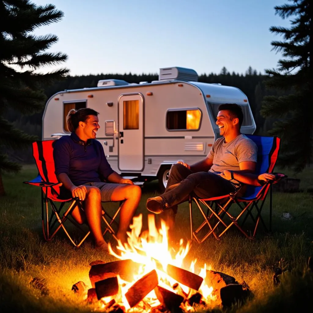 a couple enjoying a campfire next to their bullet travel trailer