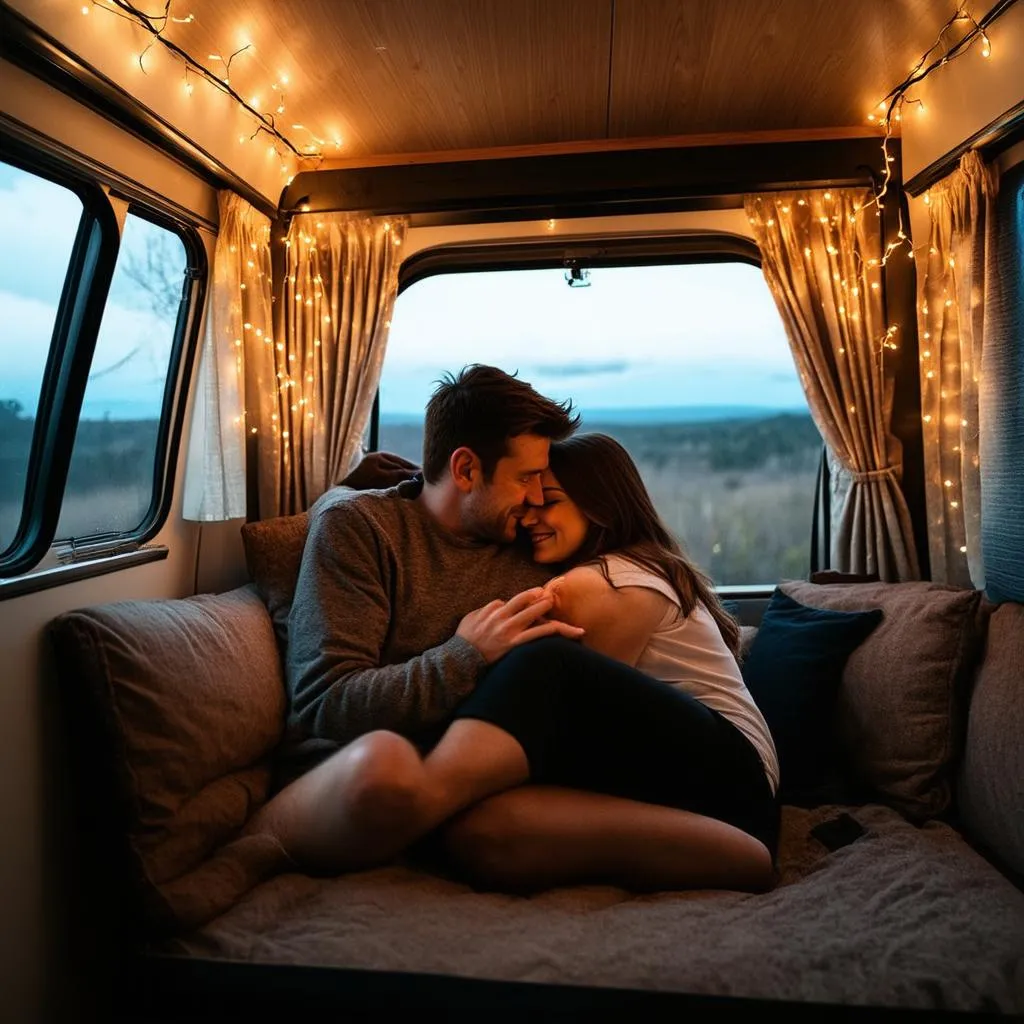 Couple cuddling in a travel trailer