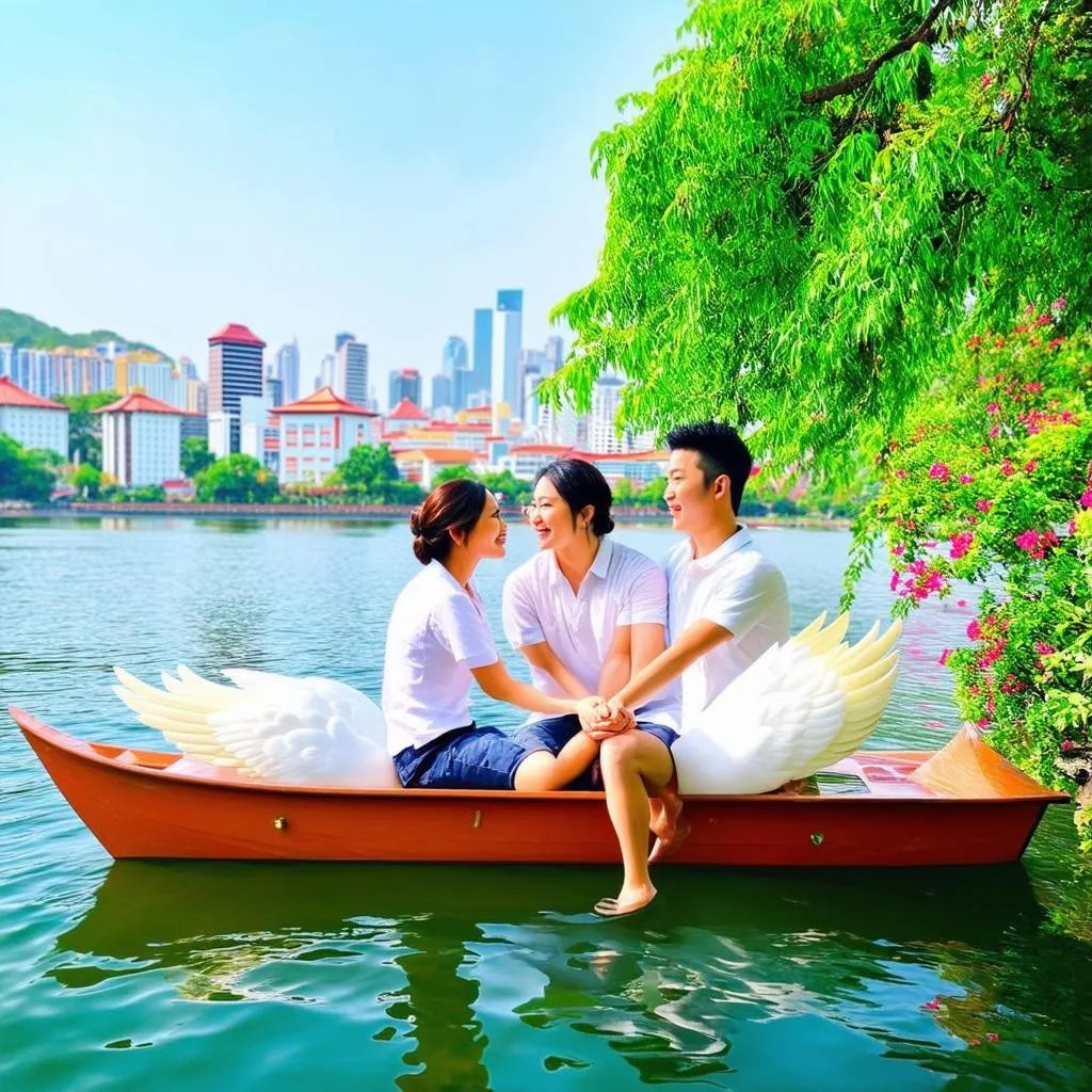 A couple enjoying a romantic boat ride on Xuan Huong Lake, Da Lat