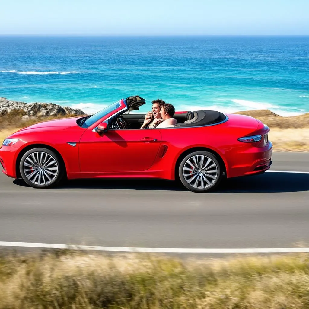 A happy couple are driving a convertible car along a beautiful coastline, with the ocean on one side and lush green hills on the other. The sun is shining and they are enjoying the freedom of the open road.