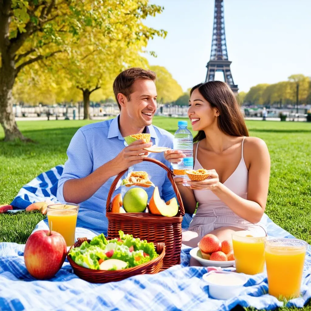 Couple Enjoying a Picnic near Eiffel Tower