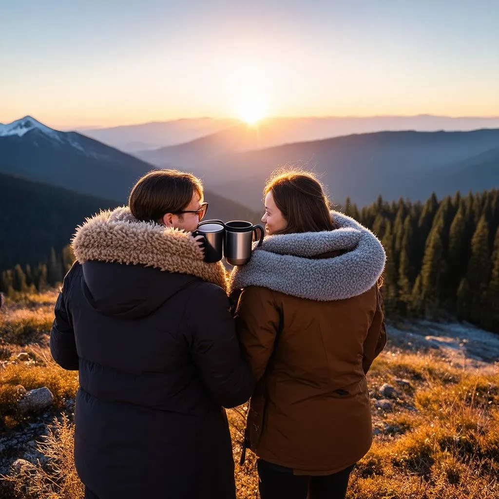 Couple with Traveler Mugs Enjoying View