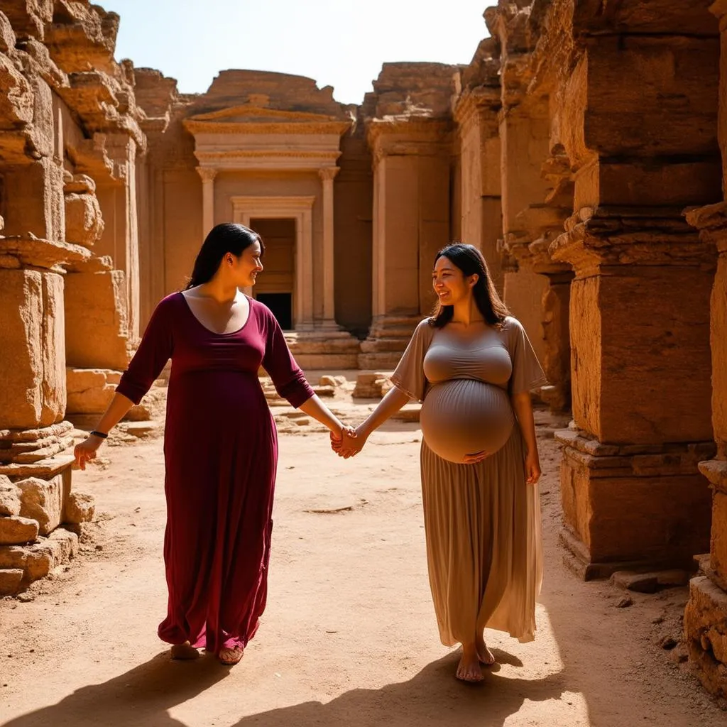 pregnant woman and partner exploring historical site