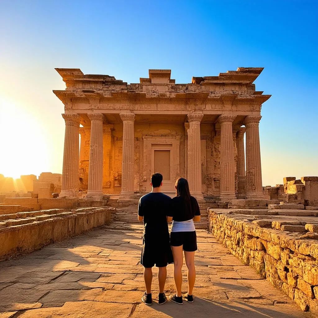 couple exploring ancient ruins